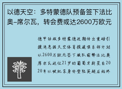 以德天空：多特蒙德队预备签下法比奥-席尔瓦，转会费或达2600万欧元